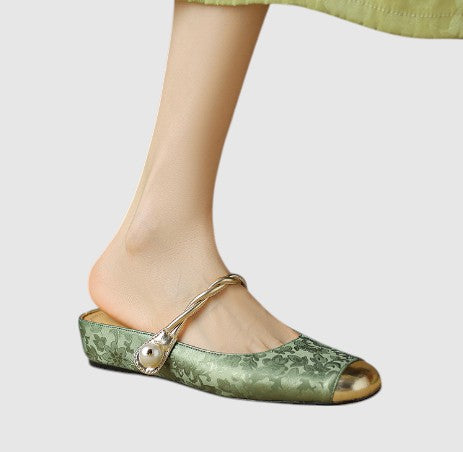 Elegant Mary Jane Shoes for Women with Round Toe Rhinestone Heel Jacquard Fabric Flat Slip On Style