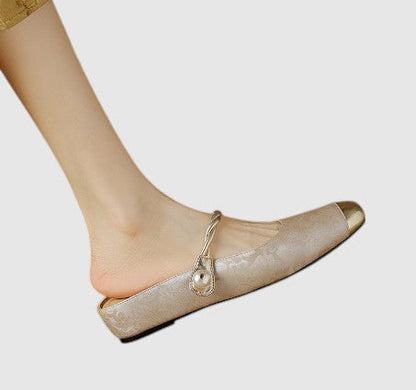 Elegant Mary Jane Shoes for Women with Round Toe Rhinestone Heel Jacquard Fabric Flat Slip On Style
