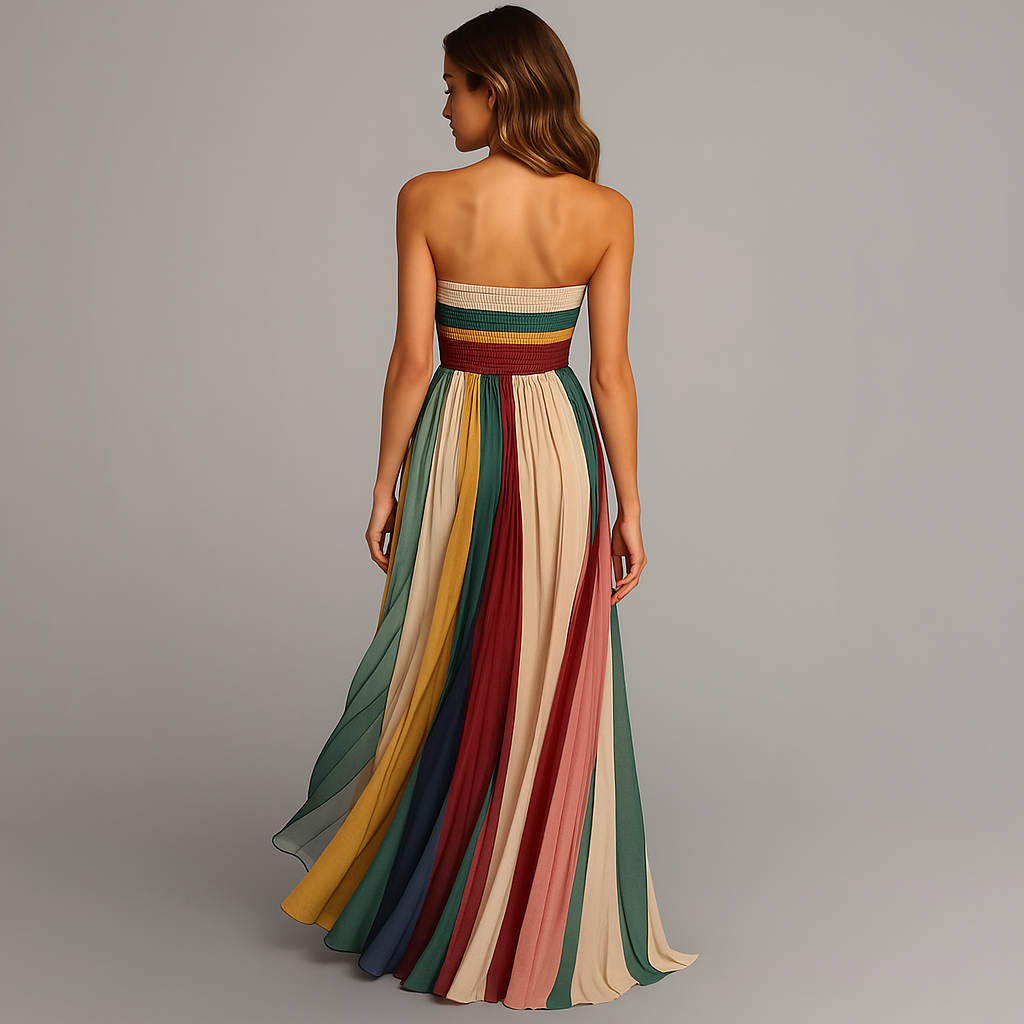Elegant Striped Strapless Maxi Dress for Women with Pleated Flowing Formal Wedding Guest Style