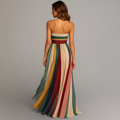 Elegant Striped Strapless Maxi Dress for Women with Pleated Flowing Formal Wedding Guest Style