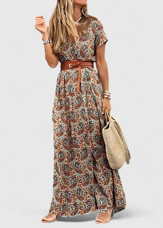 Effortless Floral Wrap Maxi Dress for Women with V-Neck Cap Sleeve Side Slit
