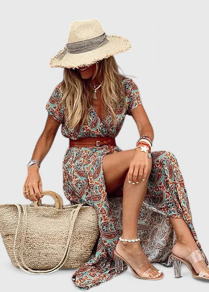 Effortless Floral Wrap Maxi Dress for Women with V-Neck Cap Sleeve Side Slit