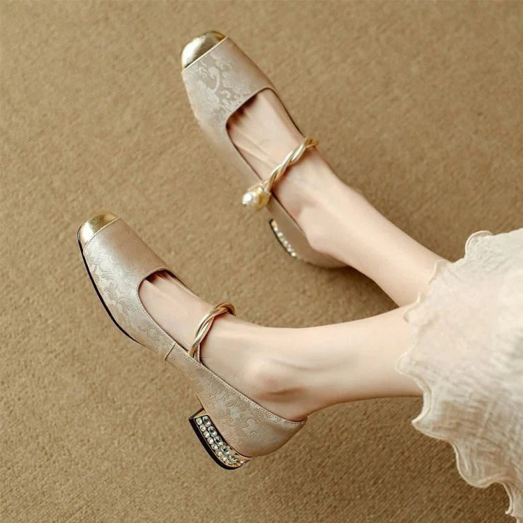 Comfortable Orthopedic Sandals for Women with Round Toe Gold Cap Toe Pearl Ankle Strap Jacquard Low Heel Style