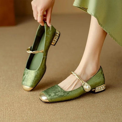 Comfortable Orthopedic Sandals for Women with Round Toe Gold Cap Toe Pearl Ankle Strap Jacquard Low Heel Style