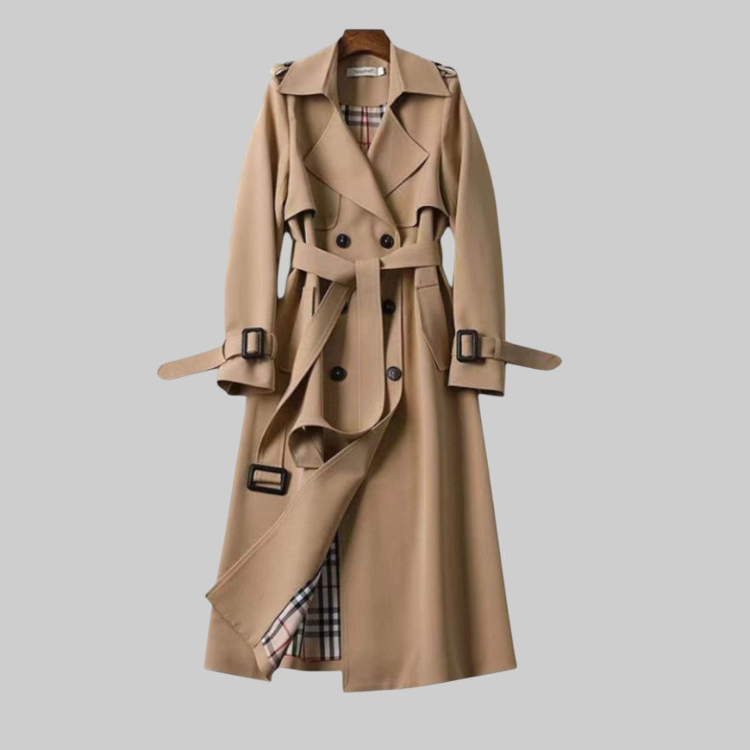 Elegant Trench Coat for Women with Notch Collar Belted Waist Long Style
