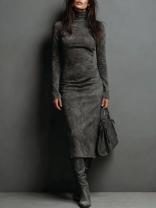 Elegant Suede Midi Dress for Women with Turtleneck Long Sleeve Fitted Semi Formal Style