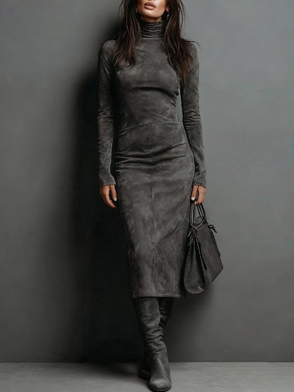 Elegant Suede Midi Dress for Women with Turtleneck Long Sleeve Fitted Semi Formal Style
