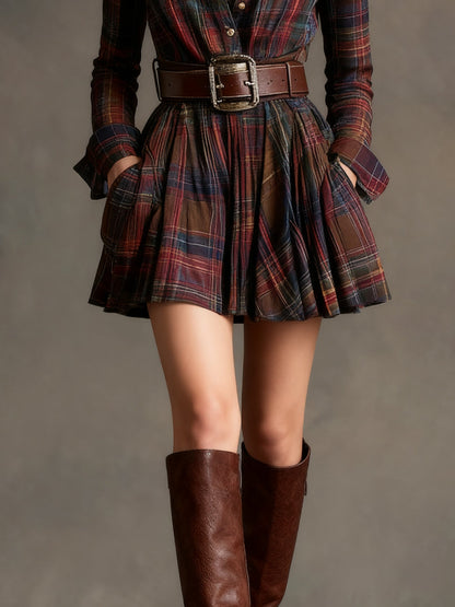 Effortless Plaid Mini Dress for Women with Lapel Button Front Long Sleeve Belted Casual Style