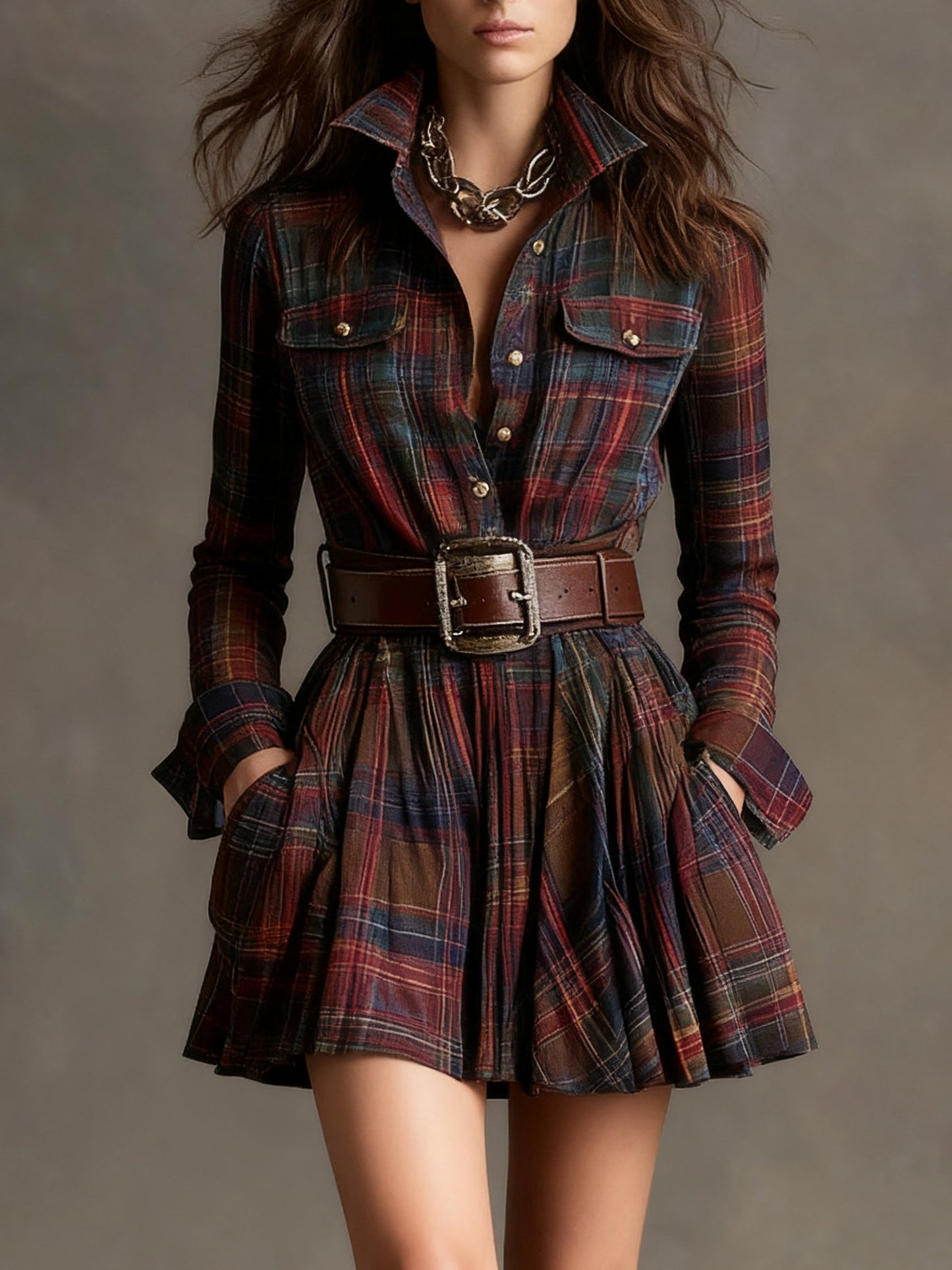 Effortless Plaid Mini Dress for Women with Lapel Button Front Long Sleeve Belted Casual Style