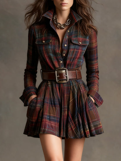 Effortless Plaid Mini Dress for Women with Lapel Button Front Long Sleeve Belted Casual Style