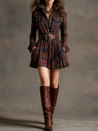 Effortless Plaid Mini Dress for Women with Lapel Button Front Long Sleeve Belted Casual Style
