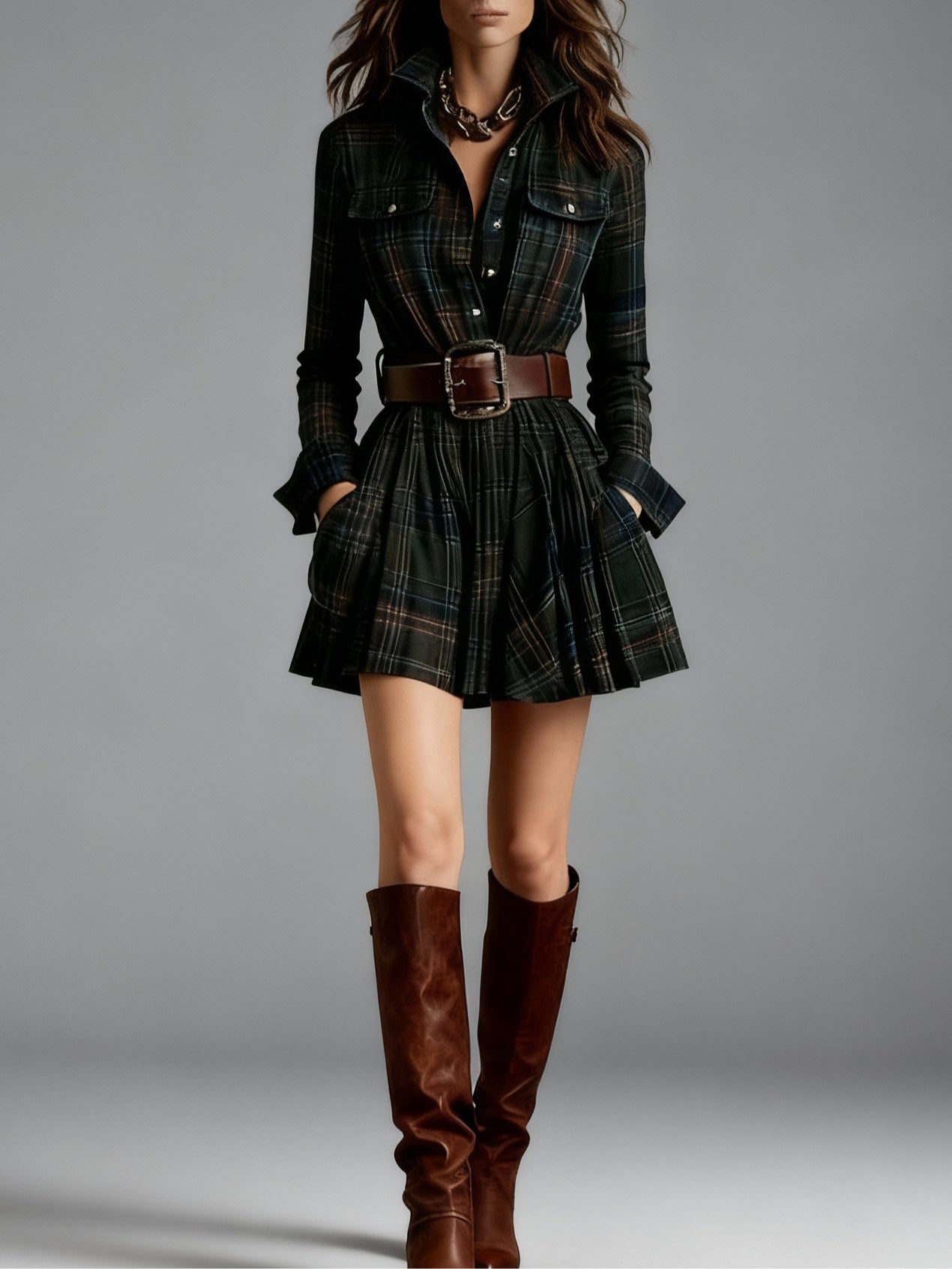 Effortless Plaid Mini Dress for Women with Lapel Button Front Long Sleeve Belted Casual Style