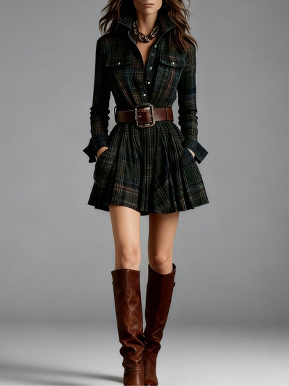 Effortless Plaid Mini Dress for Women with Lapel Button Front Long Sleeve Belted Casual Style