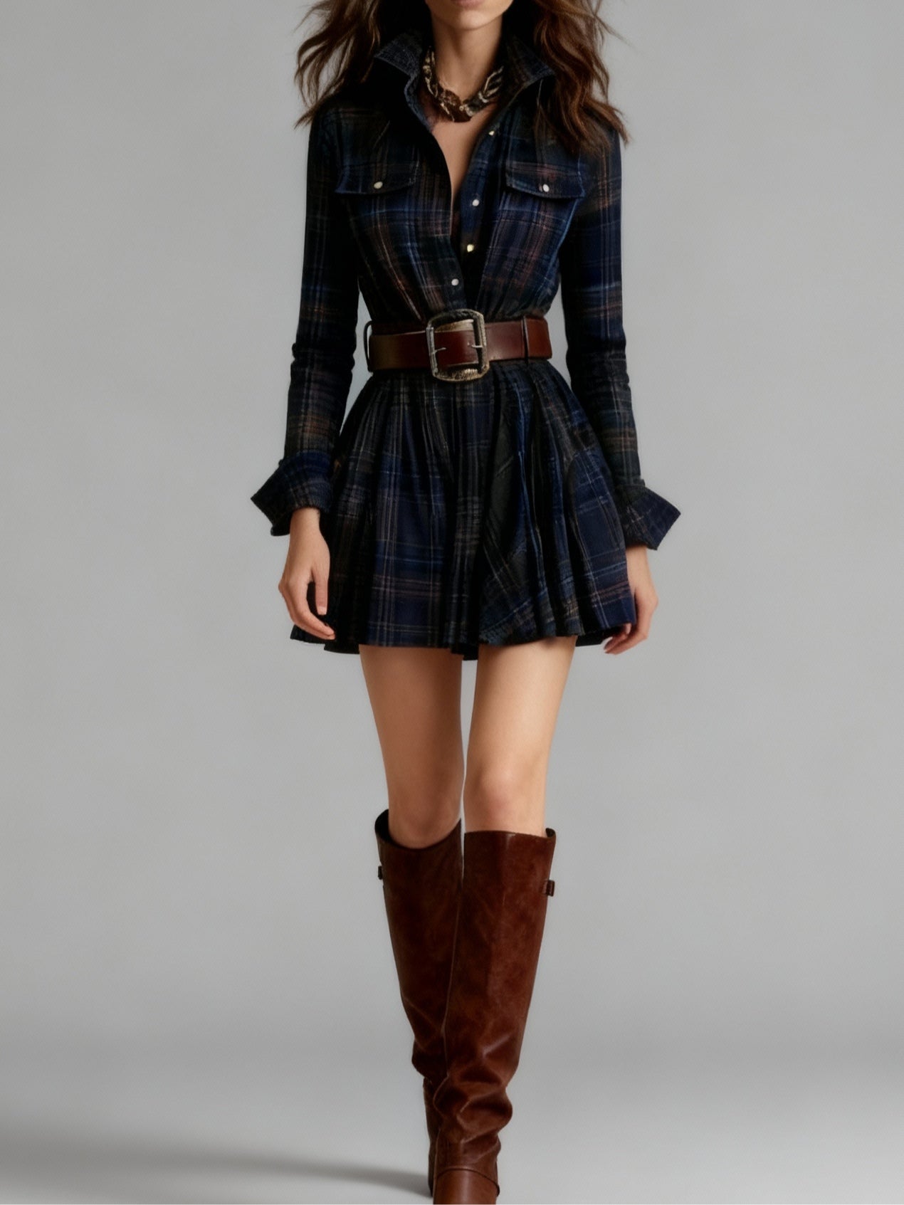 Effortless Plaid Mini Dress for Women with Lapel Button Front Long Sleeve Belted Casual Style