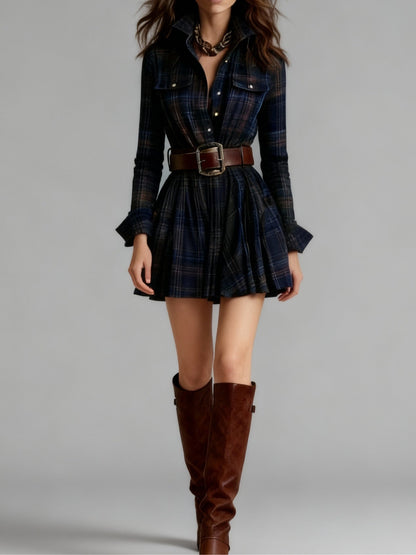 Effortless Plaid Mini Dress for Women with Lapel Button Front Long Sleeve Belted Casual Style