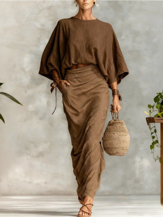 Effortless Linen Two-Piece Set for Women with Batwing Sleeve Round Neck Maxi Skirt Casual Style