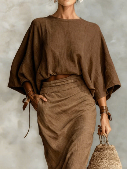 Effortless Linen Two-Piece Set for Women with Batwing Sleeve Round Neck Maxi Skirt Casual Style