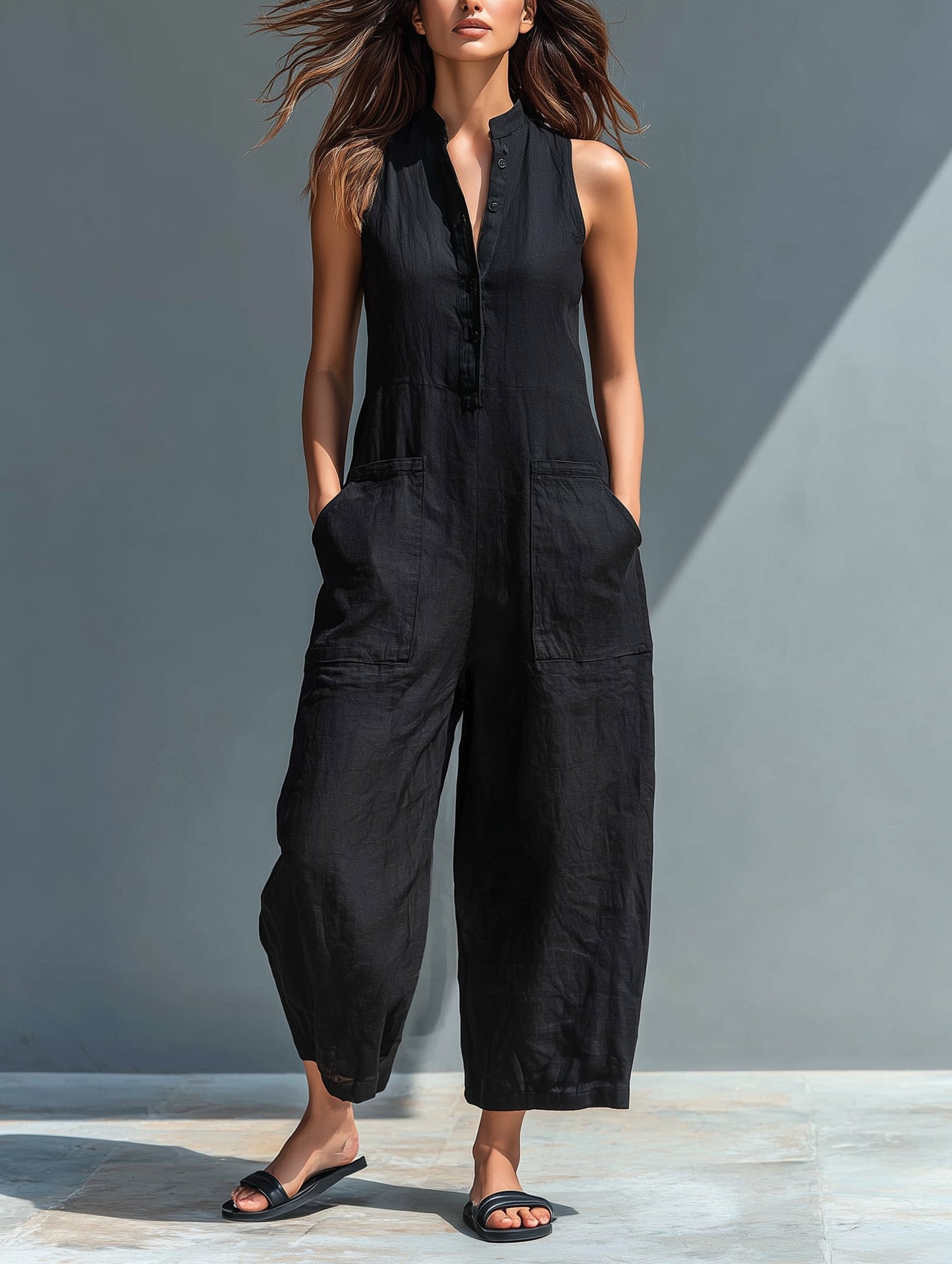 Effortless Linen Jumpsuit for Women with Stand Collar Sleeveless Button Up Relaxed Casual Style