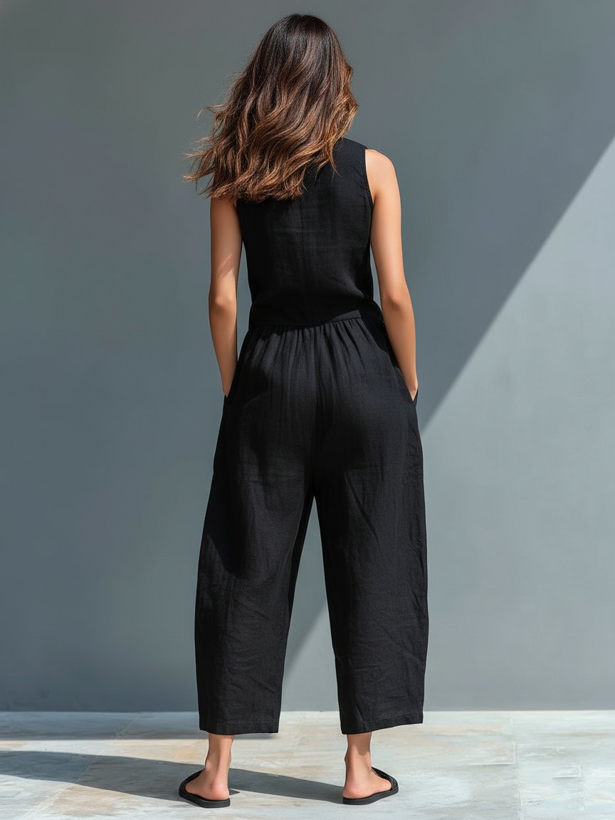 Effortless Linen Jumpsuit for Women with Stand Collar Sleeveless Button Up Relaxed Casual Style