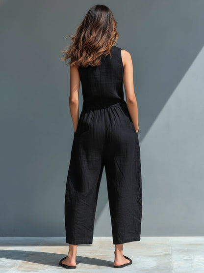 Effortless Linen Jumpsuit for Women with Stand Collar Sleeveless Button Up Relaxed Casual Style
