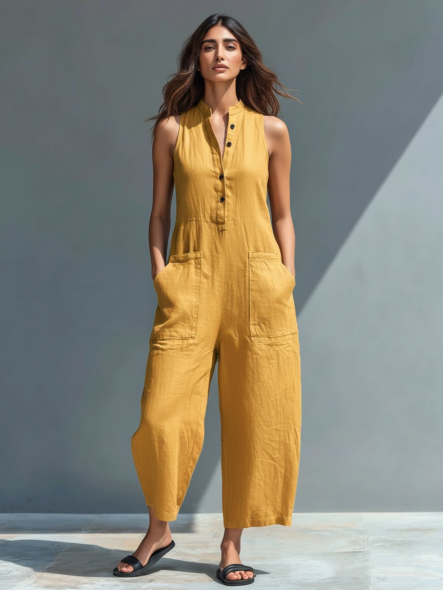 Effortless Linen Jumpsuit for Women with Stand Collar Sleeveless Button Up Relaxed Casual Style