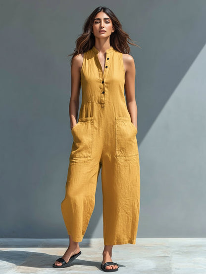 Effortless Linen Jumpsuit for Women with Stand Collar Sleeveless Button Up Relaxed Casual Style
