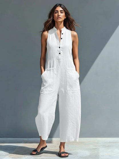 Effortless Linen Jumpsuit for Women with Stand Collar Sleeveless Button Up Relaxed Casual Style