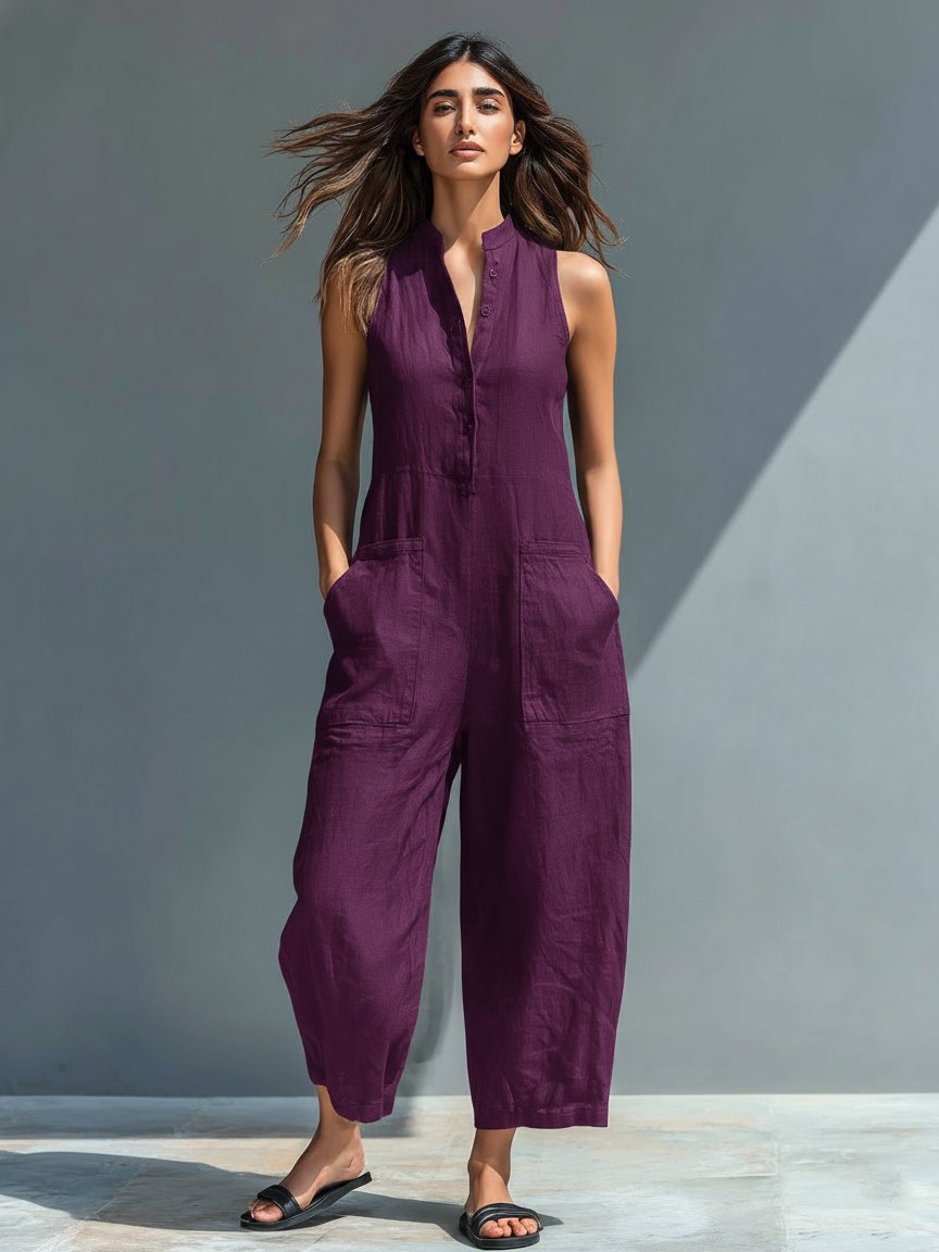 Effortless Linen Jumpsuit for Women with Stand Collar Sleeveless Button Up Relaxed Casual Style