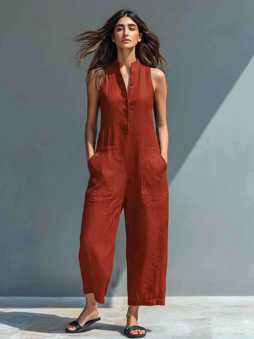Effortless Linen Jumpsuit for Women with Stand Collar Sleeveless Button Up Relaxed Casual Style