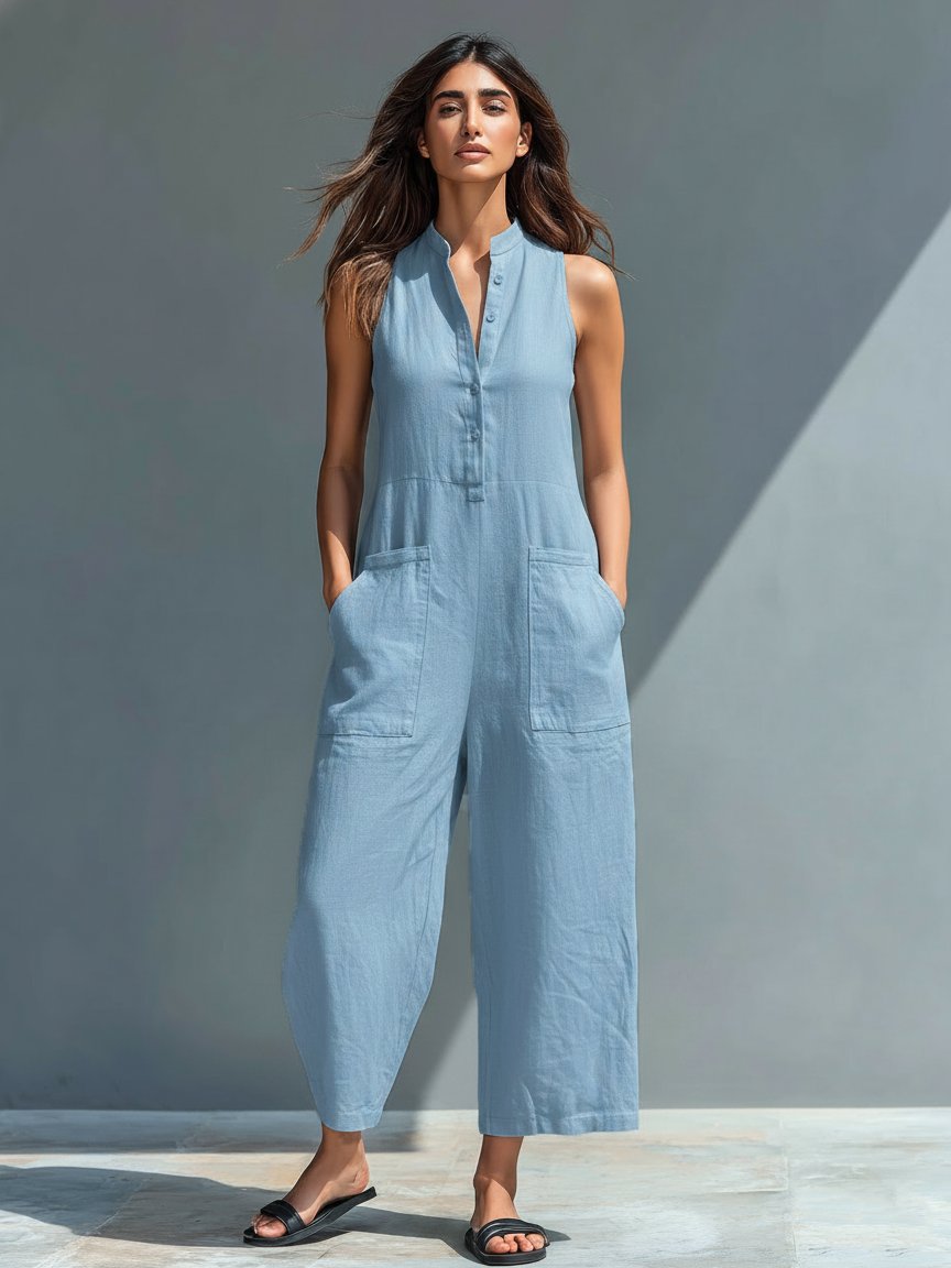 Effortless Linen Jumpsuit for Women with Stand Collar Sleeveless Button Up Relaxed Casual Style