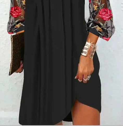 Effortless Black Floral Mini Dress for Women with V Neck