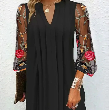 Effortless Black Floral Mini Dress for Women with V Neck