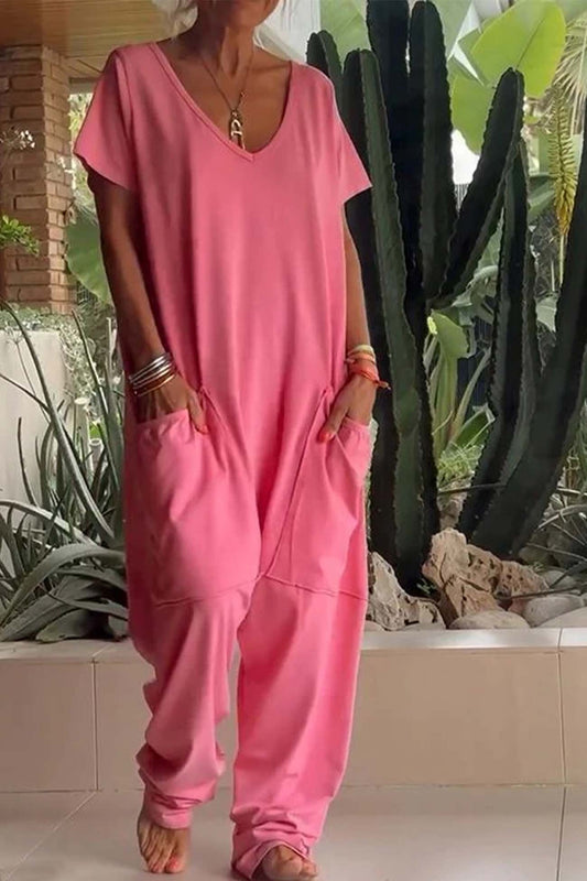 Effortless Linen Jumpsuit for Women with V-Neck Short Sleeve Wide Leg Pocket Casual Style