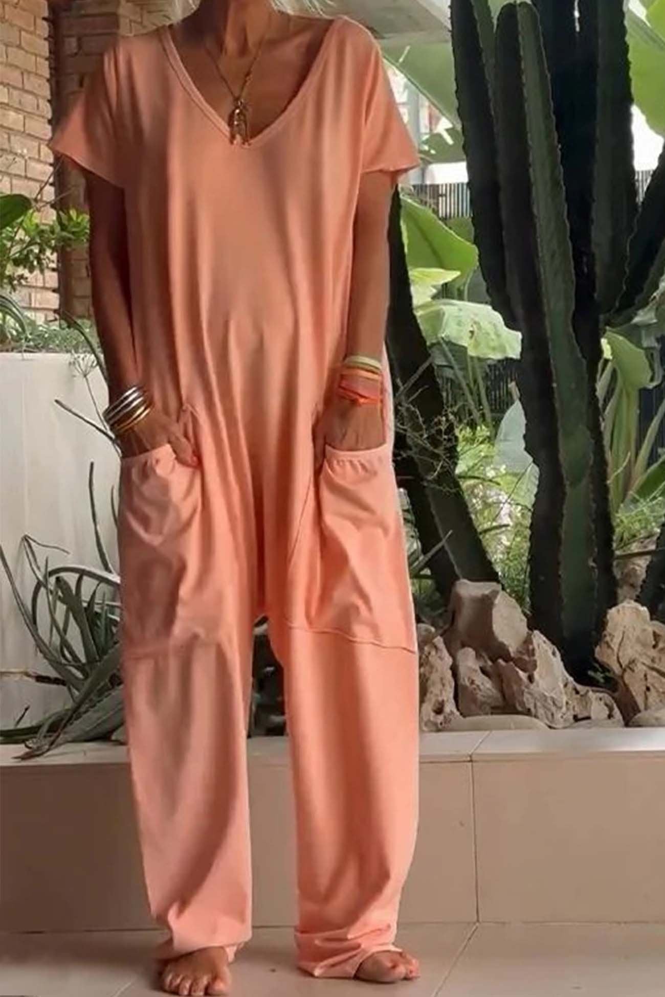 Effortless Linen Jumpsuit for Women with V-Neck Short Sleeve Wide Leg Pocket Casual Style