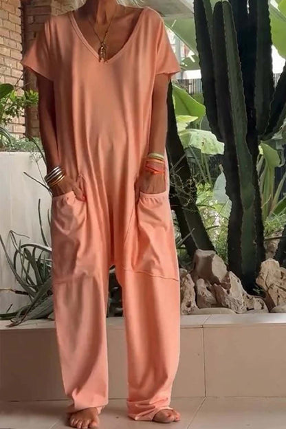 Effortless Linen Jumpsuit for Women with V-Neck Short Sleeve Wide Leg Pocket Casual Style