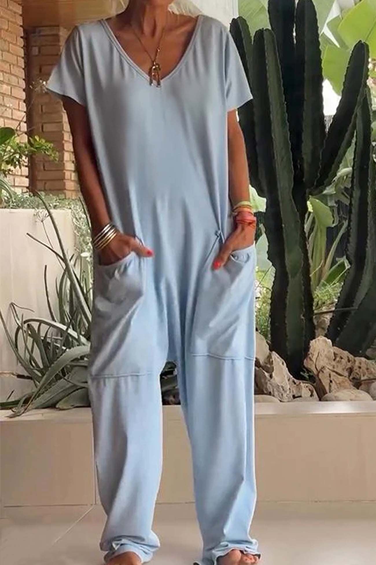 Effortless Linen Jumpsuit for Women with V-Neck Short Sleeve Wide Leg Pocket Casual Style