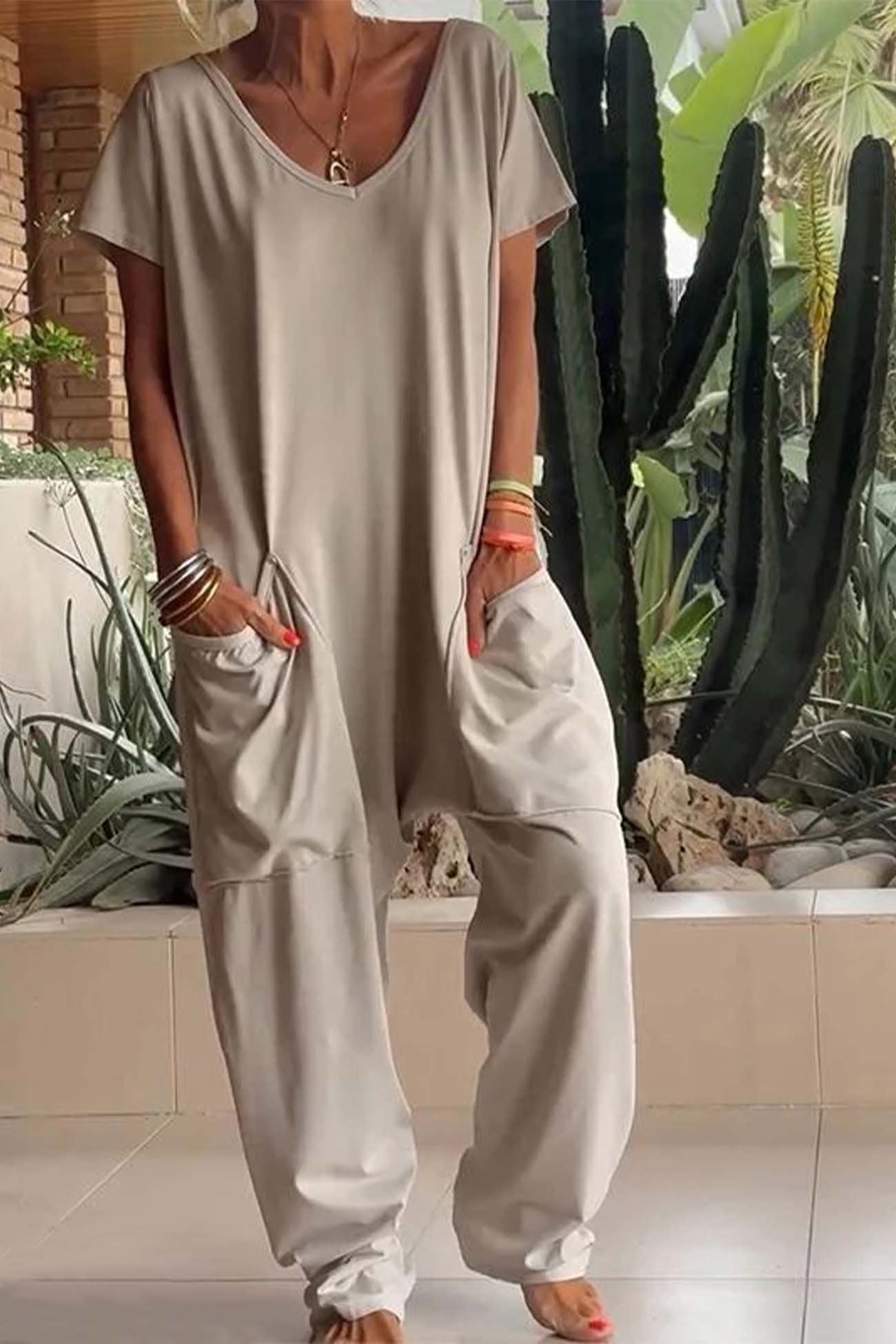 Effortless Linen Jumpsuit for Women with V-Neck Short Sleeve Wide Leg Pocket Casual Style