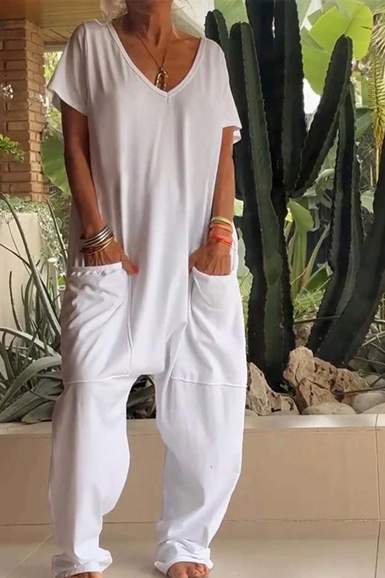 Effortless Linen Jumpsuit for Women with V-Neck Short Sleeve Wide Leg Pocket Casual Style