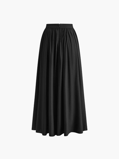 Effortless Pleated Maxi Skirt Set for Women with High Waist Flowing A-Line Pocket Boho Style