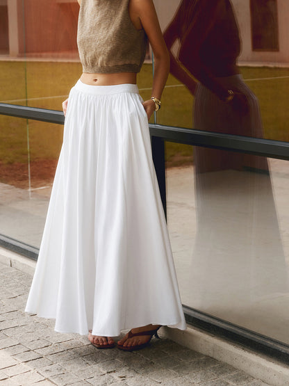Effortless Pleated Maxi Skirt Set for Women with High Waist Flowing A-Line Pocket Boho Style