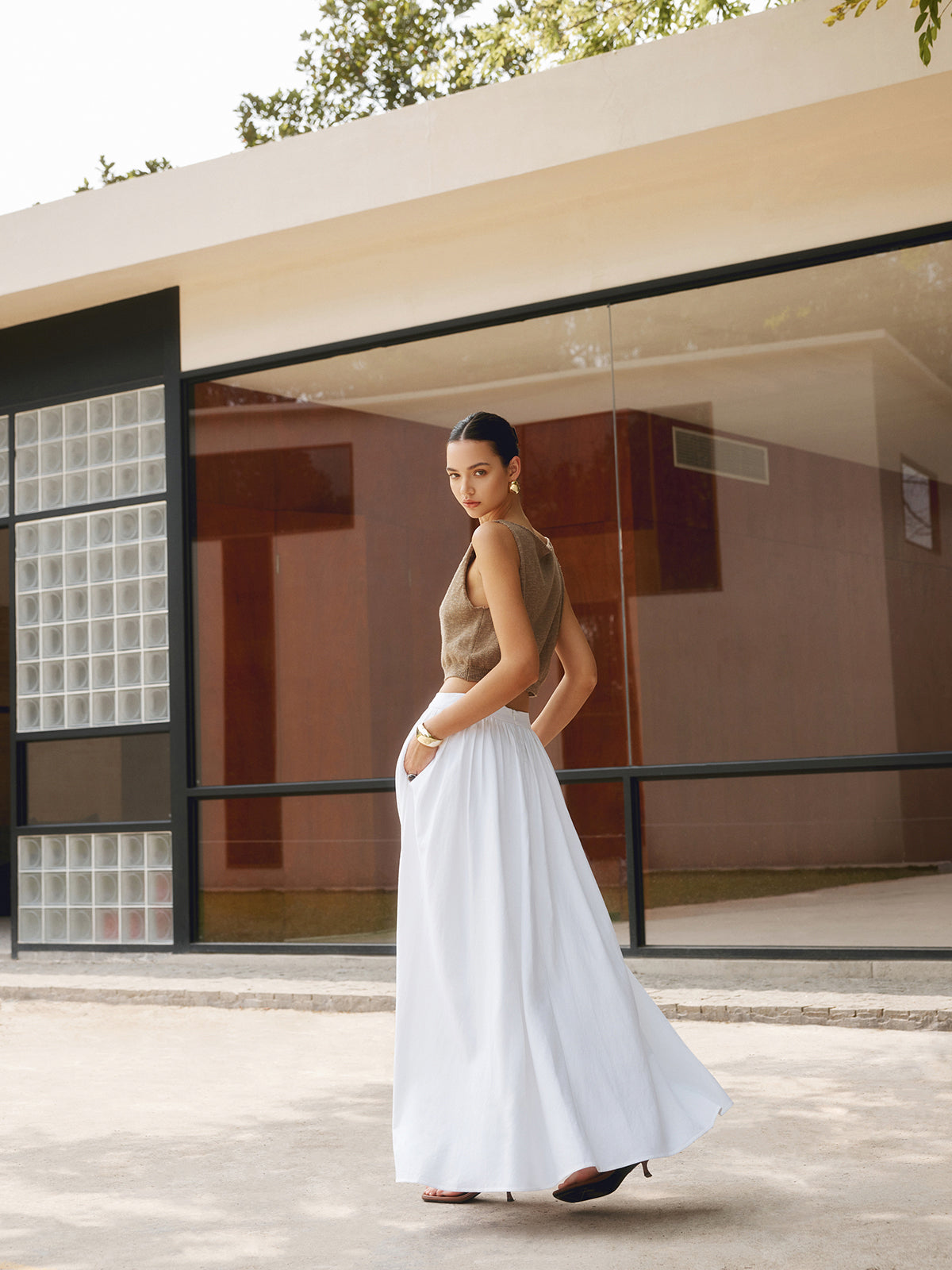 Effortless Pleated Maxi Skirt Set for Women with High Waist Flowing A-Line Pocket Boho Style