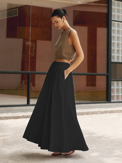 Effortless Pleated Maxi Skirt Set for Women with High Waist Flowing A-Line Pocket Boho Style