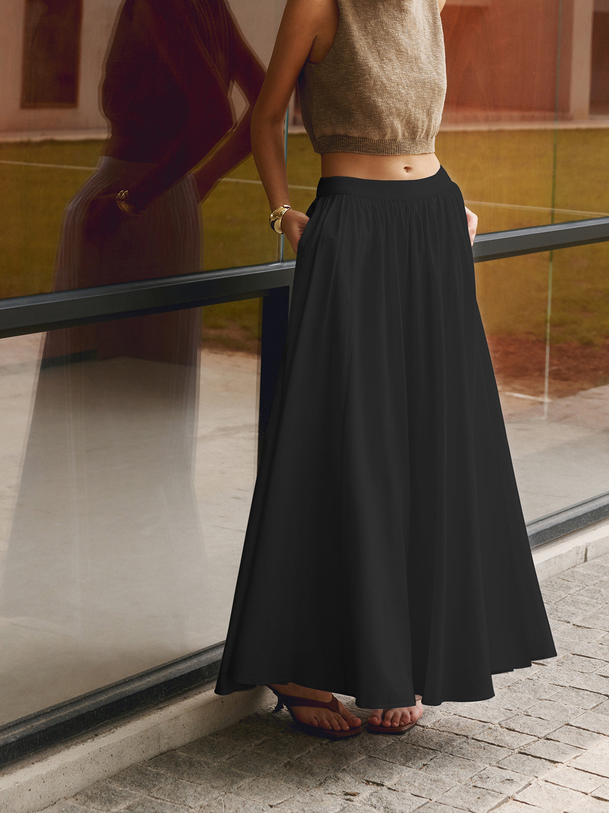 Effortless Pleated Maxi Skirt Set for Women with High Waist Flowing A-Line Pocket Boho Style