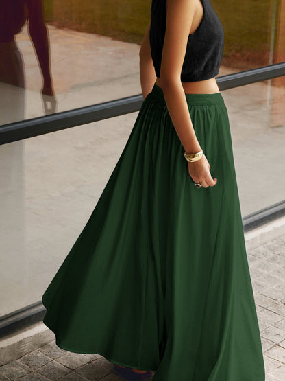 Effortless Pleated Maxi Skirt Set for Women with High Waist Flowing A-Line Pocket Boho Style