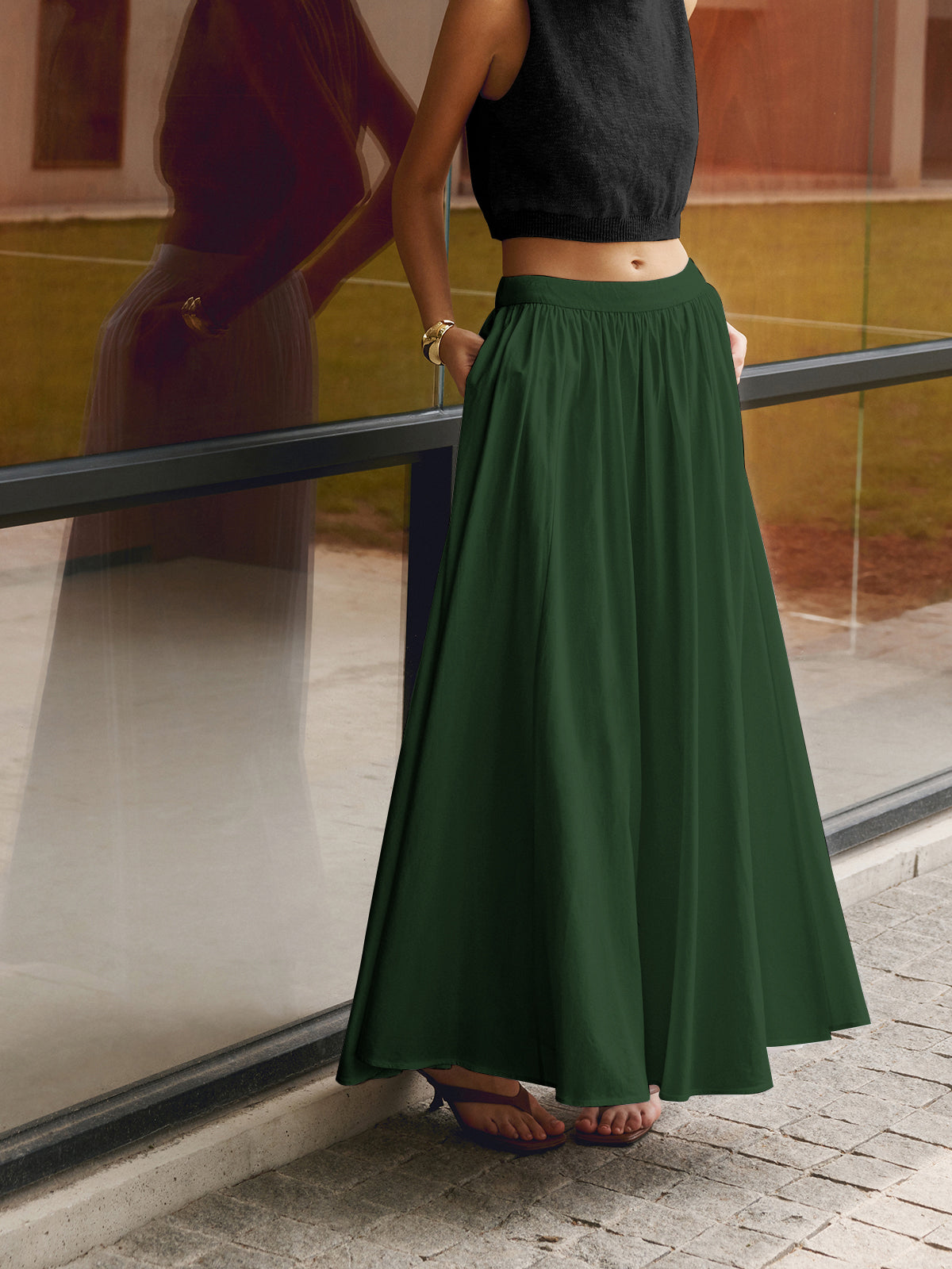 Effortless Pleated Maxi Skirt Set for Women with High Waist Flowing A-Line Pocket Boho Style