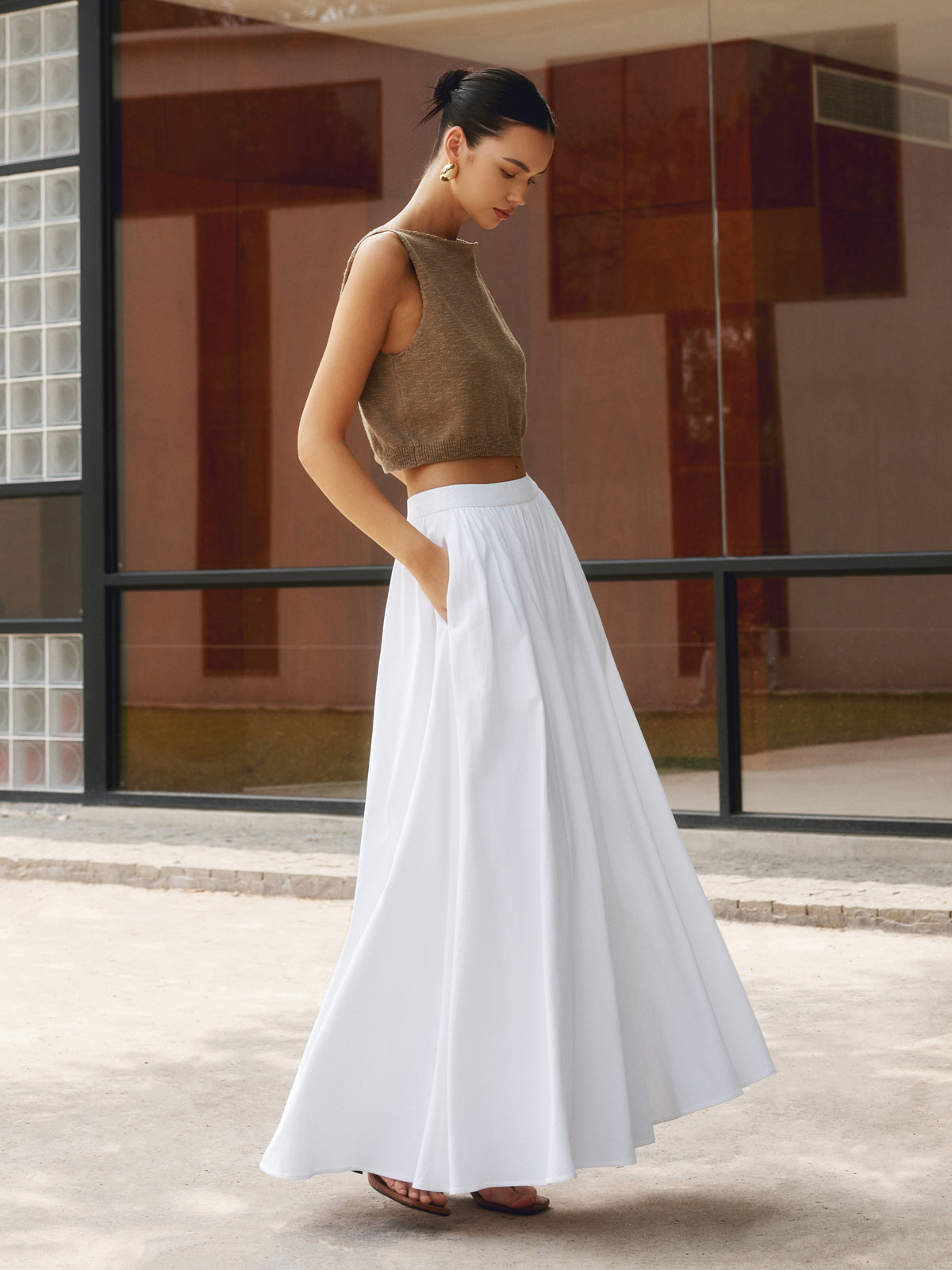 Effortless Pleated Maxi Skirt Set for Women with High Waist Flowing A-Line Pocket Boho Style