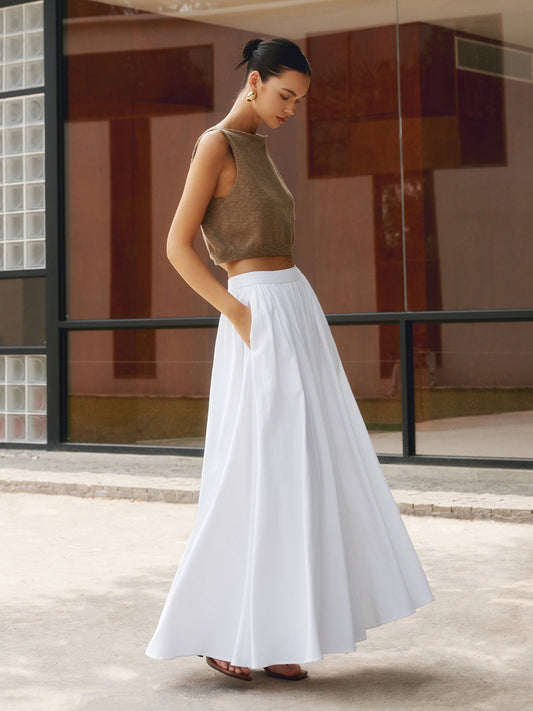 Effortless Pleated Maxi Skirt Set for Women with High Waist Flowing A-Line Pocket Boho Style