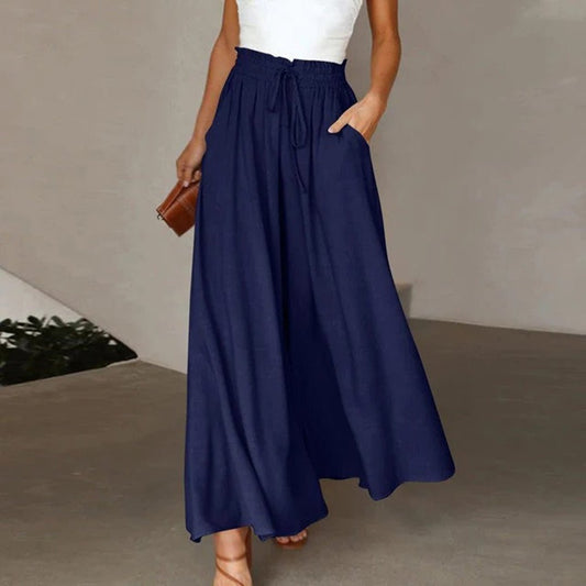 Effortless Linen Wide Leg Pants for Women with High Waist Drawstring Flowy A-Line Pocket Style