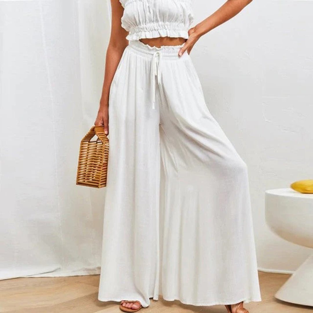 Effortless Linen Wide Leg Pants for Women with High Waist Drawstring Flowy A-Line Pocket Style