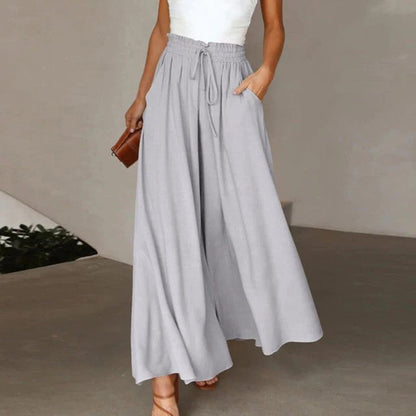 Effortless Linen Wide Leg Pants for Women with High Waist Drawstring Flowy A-Line Pocket Style